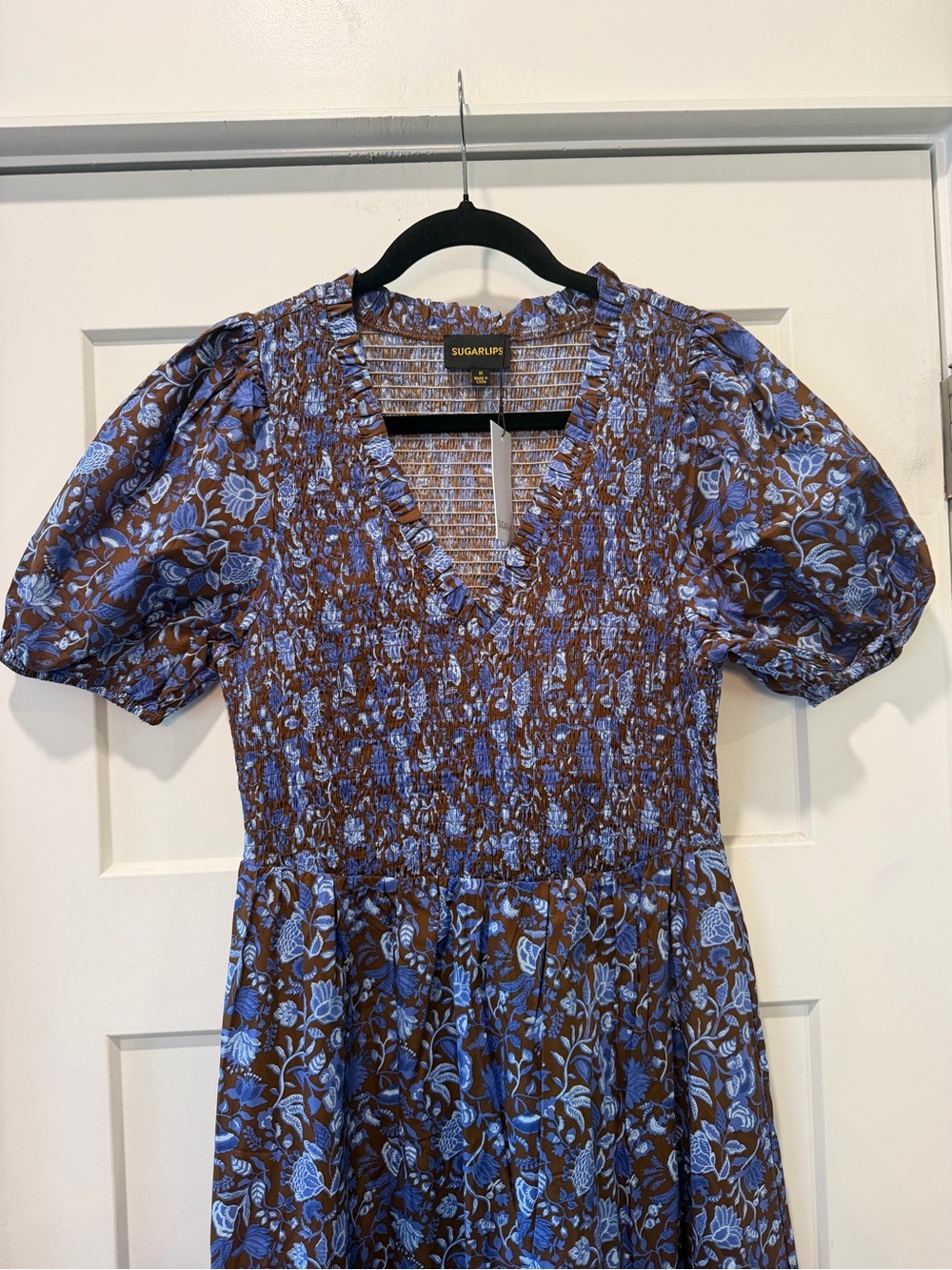 Sugarlips Bruceton Floral Brenty Smocked Midi Dress Brown Blue Size Medium NWT - Picture 3 of 10
